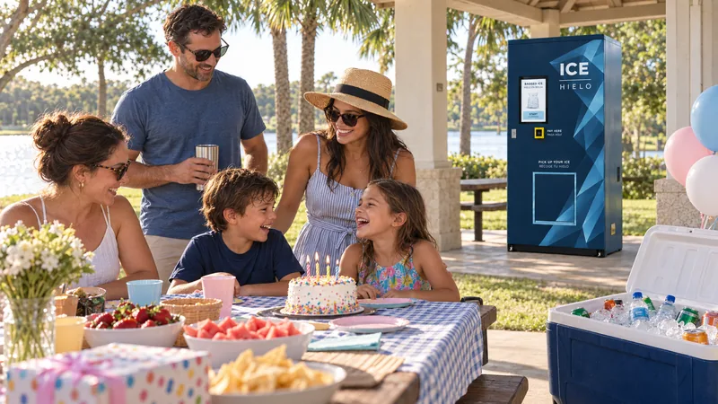 Parents and children sharing a birthday picnic beside a shaded Park ice machine.