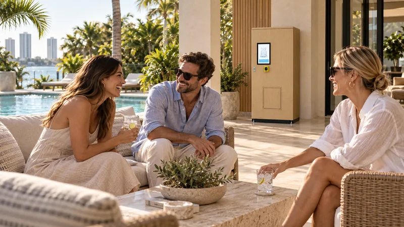 Neighbours enjoying iced drinks by a residential pool, with the Terra machine tucked into the terrace.