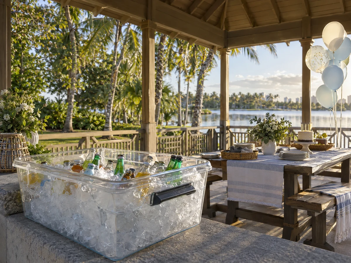 Park gathering beside a lakeside gazebo, with a cooler of ice