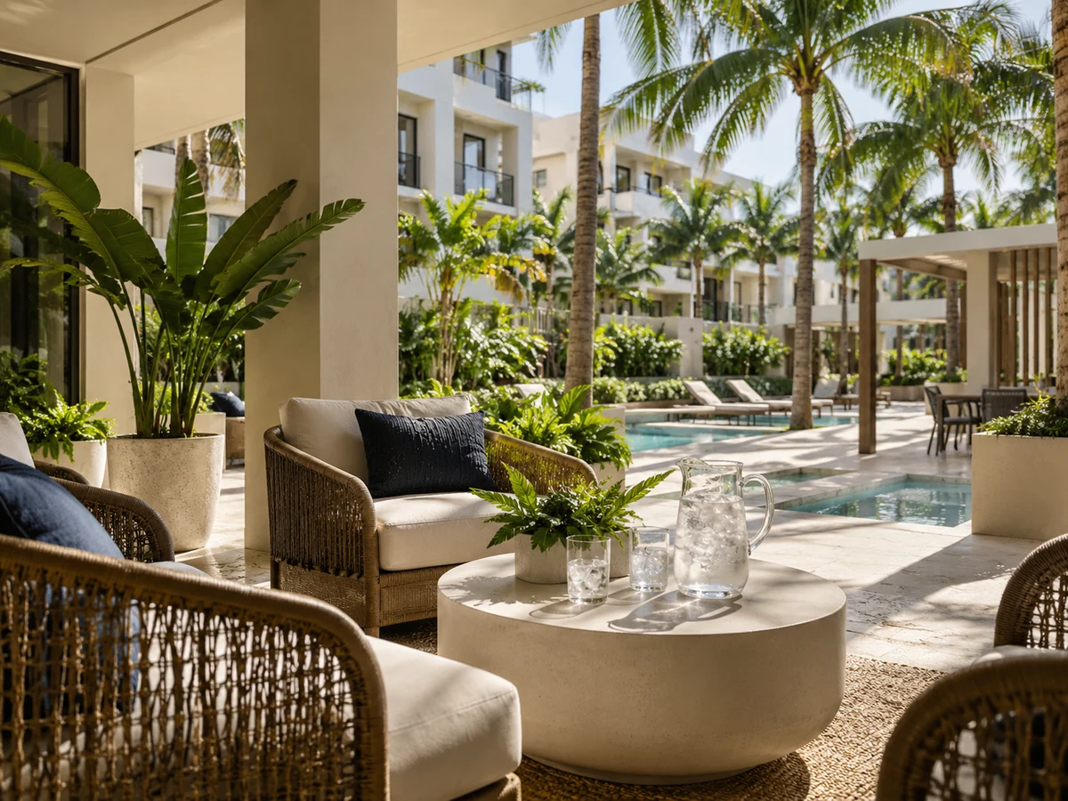 Residential courtyard with palm trees, a pool and iced drinks